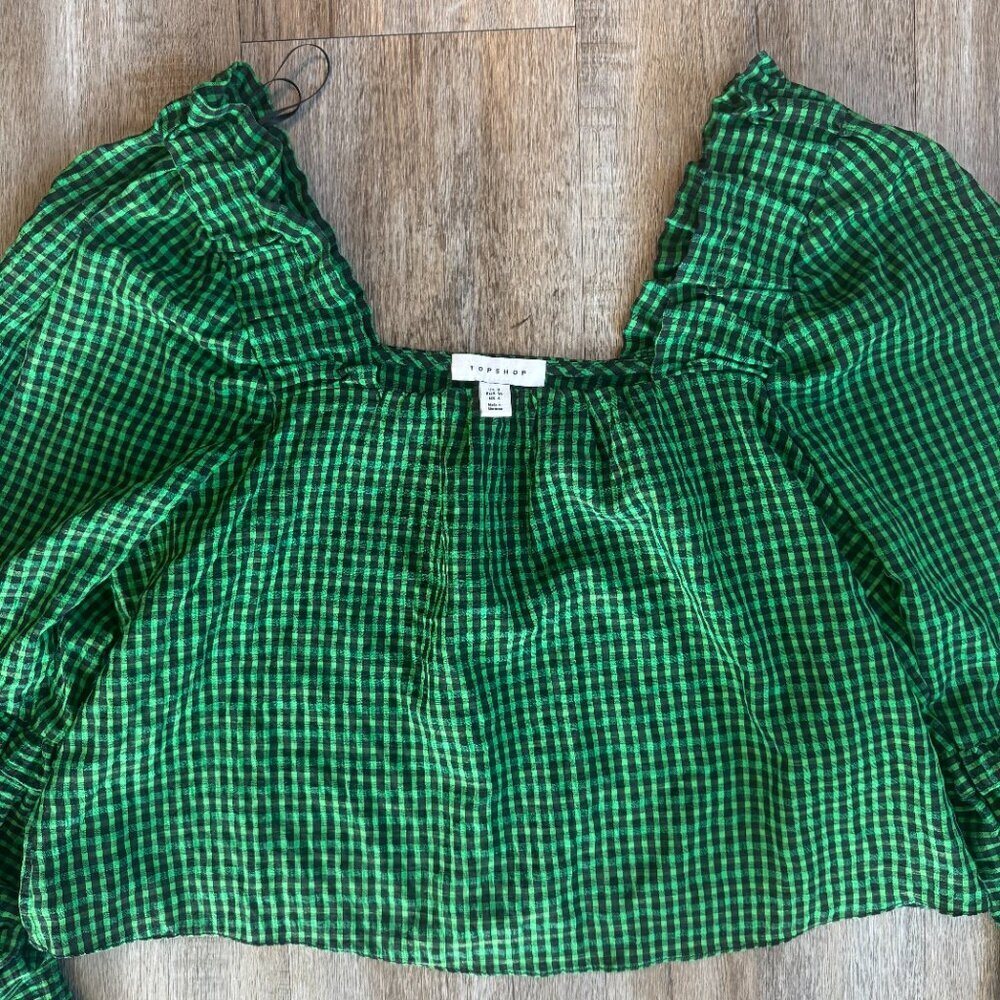 Topshop Green Checkered Tiered Sleeve Top Size 4 - Picture 2 of 4